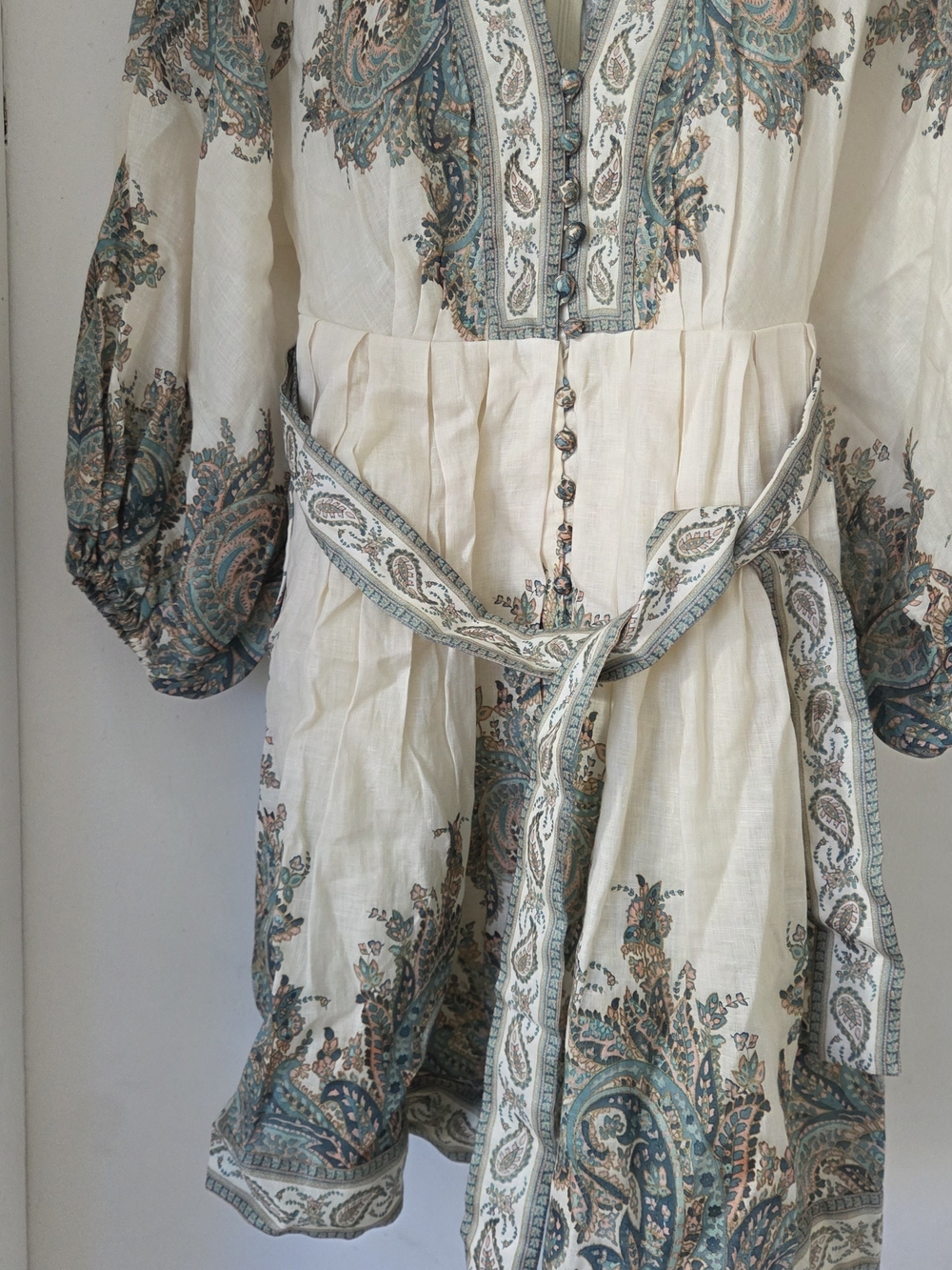 Zimmermann Cream Paisley V-Neck Long Sleeve Boho Dress with Teal Accents - Picture 6 of 7